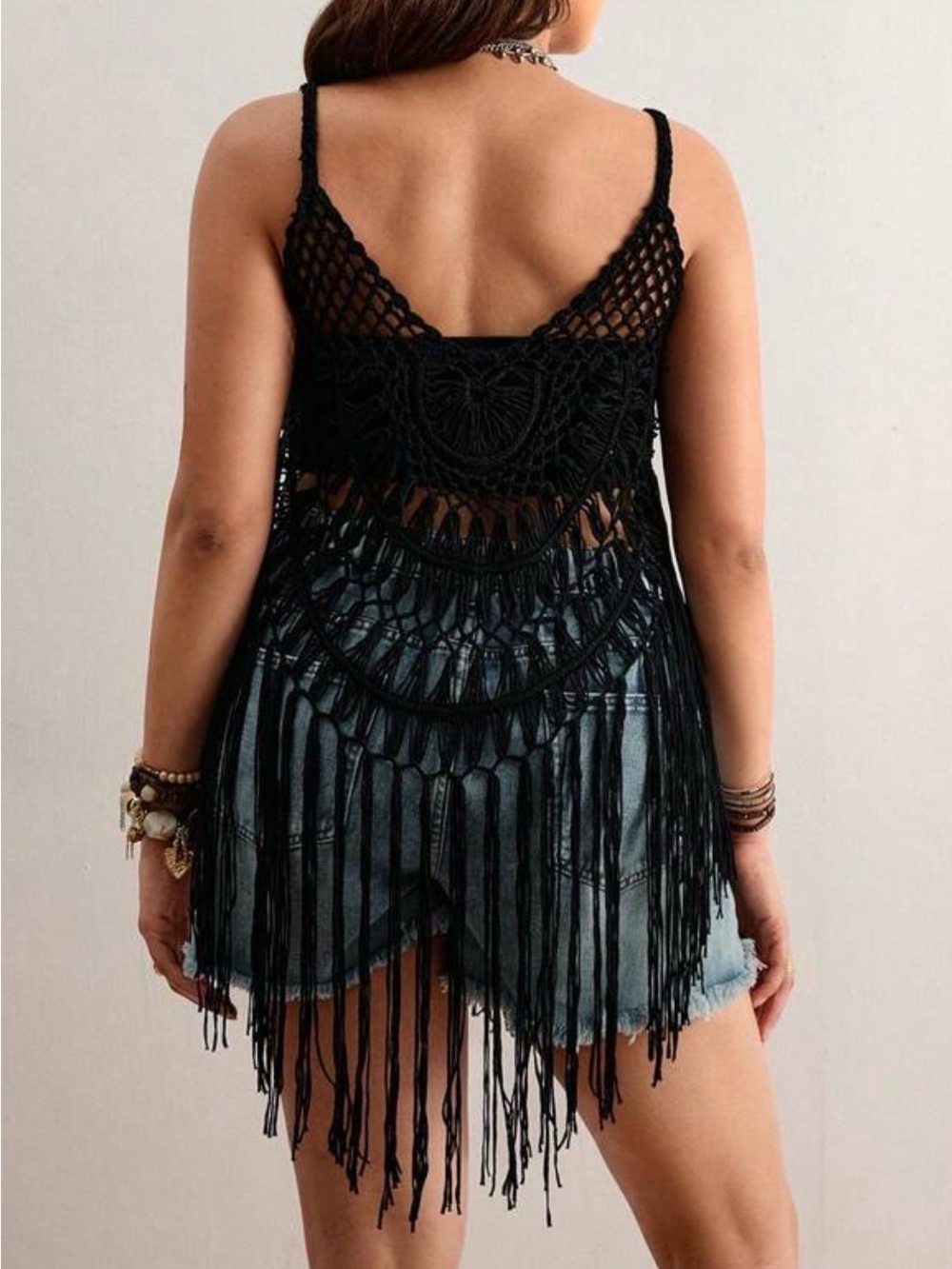 SHEIN Black Crochet Fringe Tank